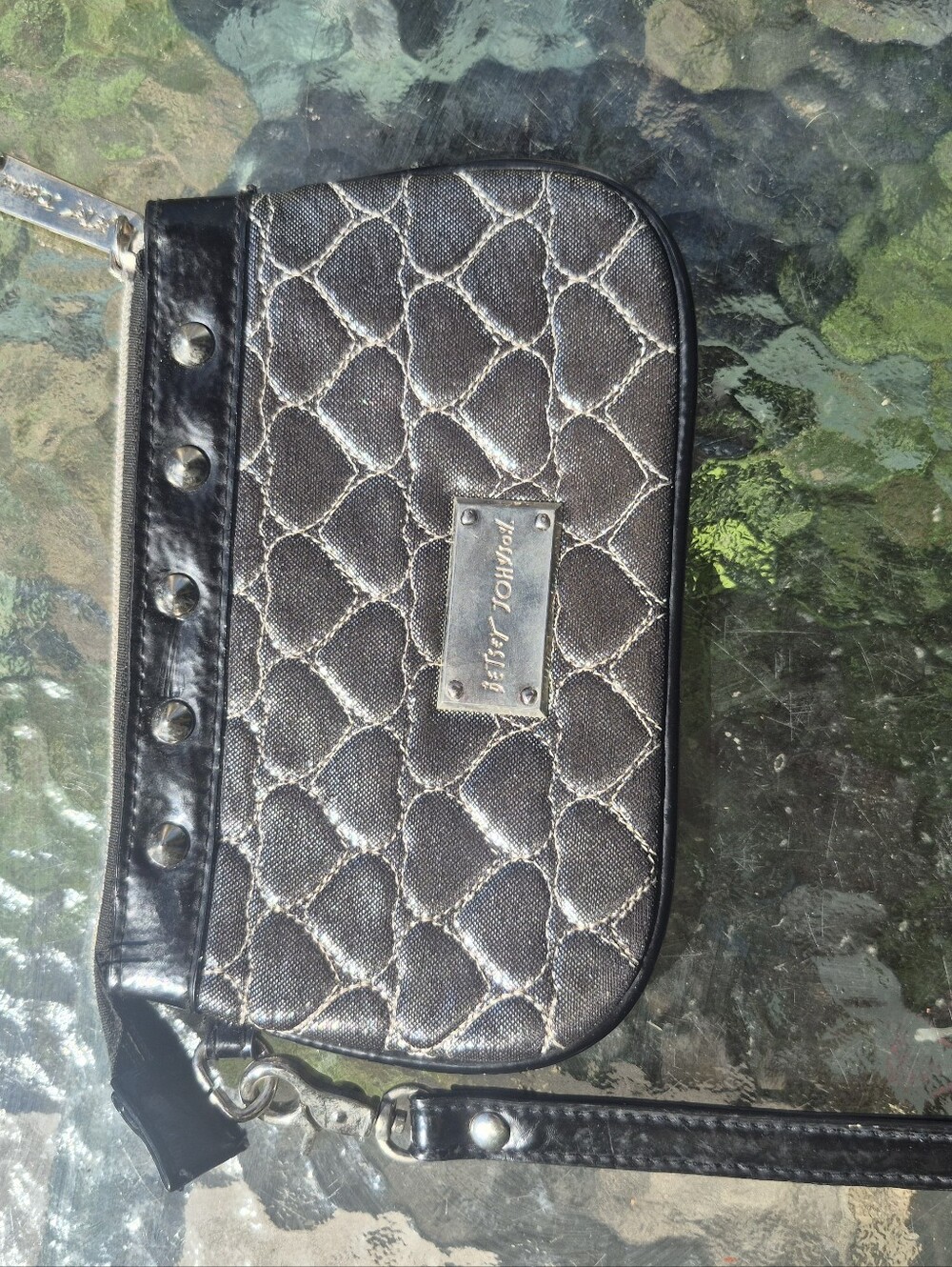 Betsey Johnson Black Quilted Metallic-Accent Wristlet with Silver Plate